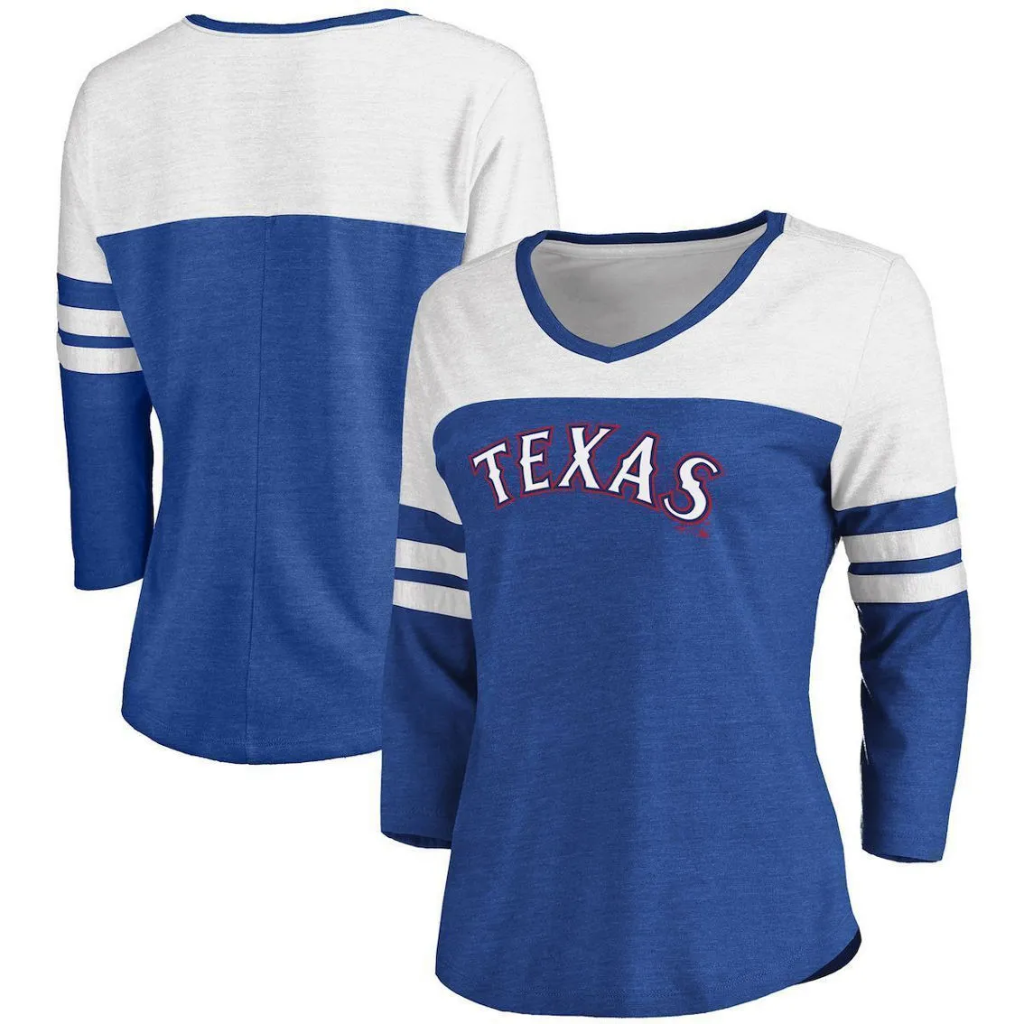 Fanatics Branded Women's Heathered Royal/White Texas Rangers Official Wordmark 3/4 Sleeve V-Neck T-Shirt 2 Fanatics Branded Women's Heathered Royal/White Texas Rangers Official Wordmark 3/4 Sleeve V-Neck T-Shirt - Image 2
