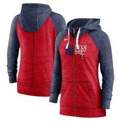 Nike Women's Heathered Red/Heathered Navy Minnesota Twins Split Wordmark Gym Vintage Raglan Slub Full-Zip Hoodie