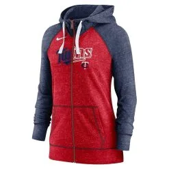 Nike Women's Heathered Red/Heathered Navy Minnesota Twins Split Wordmark Gym Vintage Raglan Slub Full-Zip Hoodie -Minnesota Twins Shop DSCO1136764792 2910 ALT2