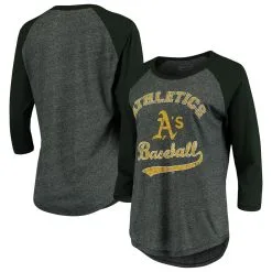 Majestic Threads Women's Threads Green Oakland Athletics Team Baseball Three-Quarter Raglan Sleeve Tri-Blend T-Shirt