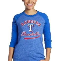 Majestic Threads Women's Threads Royal Texas Rangers Team Baseball Three-Quarter Raglan Sleeve Tri-Blend T-Shirt