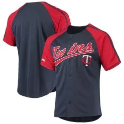 Stitches Men's Navy Minnesota Twins Button-Down Raglan Replica Jersey