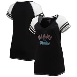 Soft As A Grape Women's Black Miami Marlins Curvy Colorblock Tri-Blend Raglan V-Neck T-Shirt