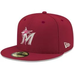 New Era Men's Cardinal Miami Marlins White Logo 59FIFTY Fitted Hat