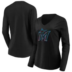 Fanatics Branded Women's Black Miami Marlins Official Logo Long Sleeve V-Neck T-Shirt