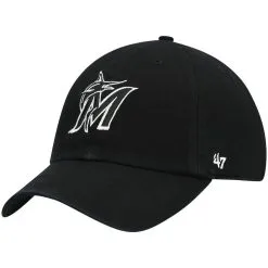 '47 Men's Miami Marlins Black On Black Logo Clean Up Adjustable Hat