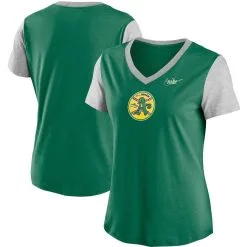 Nike Women's Green/Gray Oakland Athletics Cooperstown Collection Logo Tri-Blend Mid V-Neck T-Shirt