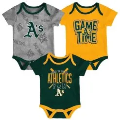 Outerstuff Newborn & Infant Oakland Athletics Green/Gold/Heathered Gray Game Time Three-Piece Bodysuit Set