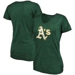 Fanatics Branded Women's Heathered Green Oakland Athletics Core Weathered Tri-Blend V-Neck T-Shirt