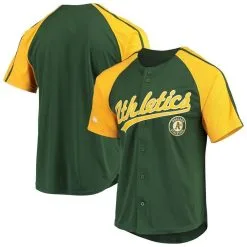 Stitches Men's Green Oakland Athletics Button-Down Raglan Replica Jersey