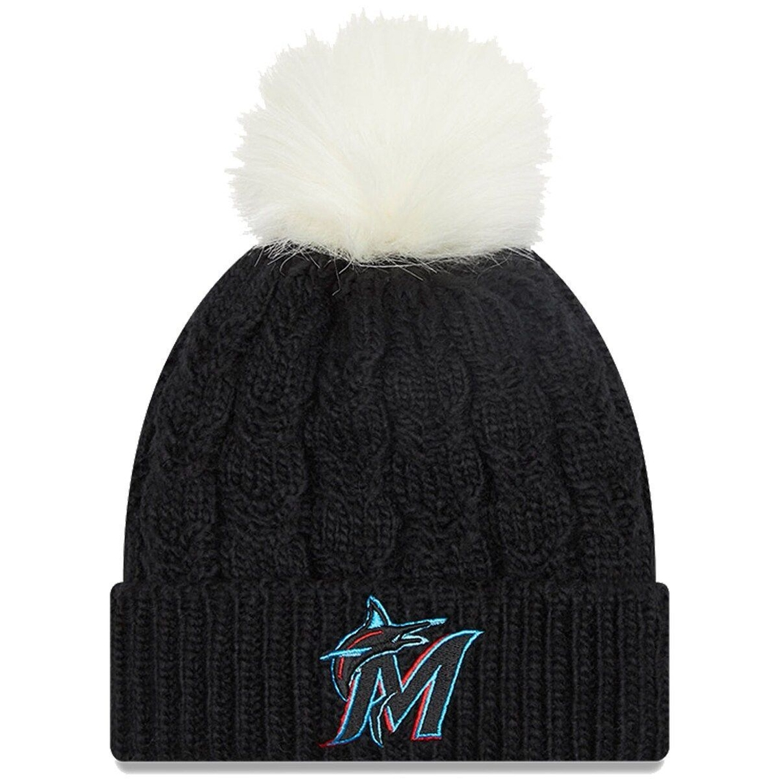 New Era Women's Black Miami Marlins Flurry Cuffed Knit Hat With Pom 1 New Era Women's Black Miami Marlins Flurry Cuffed Knit Hat With Pom