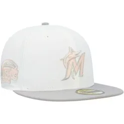 New Era Men's White/Gray Miami Marlins Marlins Park Side Patch Peach Undervisor 59FIFTY Fitted Hat