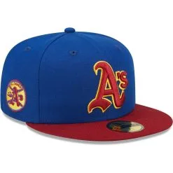 New Era Men's Royal/Red Oakland Athletics Throwback Logo Primary Jewel Gold Undervisor 59FIFTY Fitted Hat