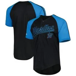 Stitches Men's Black Miami Marlins Team Button-Down Raglan Replica Jersey