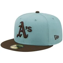New Era Men's Light Blue/Brown Oakland Athletics 1973 World Series Beach Kiss 59FIFTY Fitted Hat -Minnesota Twins Shop DSCO1155956663 1191 ALT3