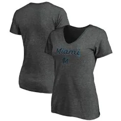 Fanatics Branded Women's Heathered Charcoal Miami Marlins Team Logo Lockup V-Neck T-Shirt