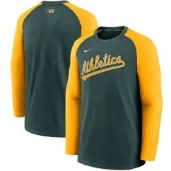 Nike Men's Green/Gold Oakland Athletics Authentic Collection Pregame Performance Raglan Pullover Sweatshirt